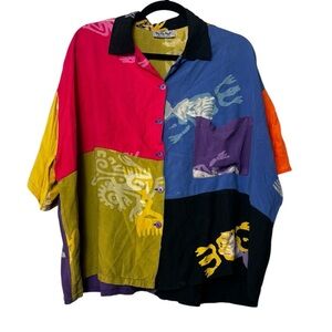 Vintage We Be Bop Top Women 1x Camp Shirt Patchwork Abalone Button Art to Wear